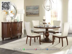 Set Meja Makan Bulat Premium Elegan Finishing Coklat 156FI