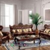 Sofa Tamu Mewah Jepara Kayu Jati Kulit Brown Dakota 207FI