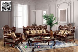 Sofa Tamu Mewah Jepara Kayu Jati Kulit Brown Dakota 207FI