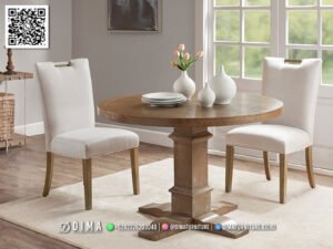 Set Meja Makan Minimalis Bundar Kayu Jati Natural 254FI