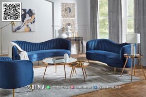 Sofa Tamu Minimalis Velvet Biru Abigail Gold Inovatif 302FI